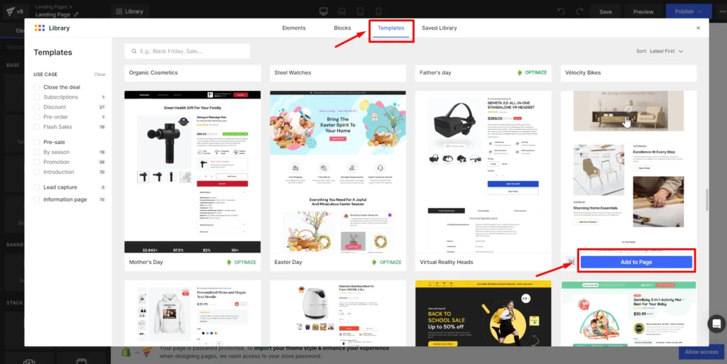 Choose a template in the GemPages library.