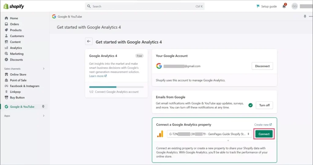 Set up Google Analytics for Shopify in App Setup