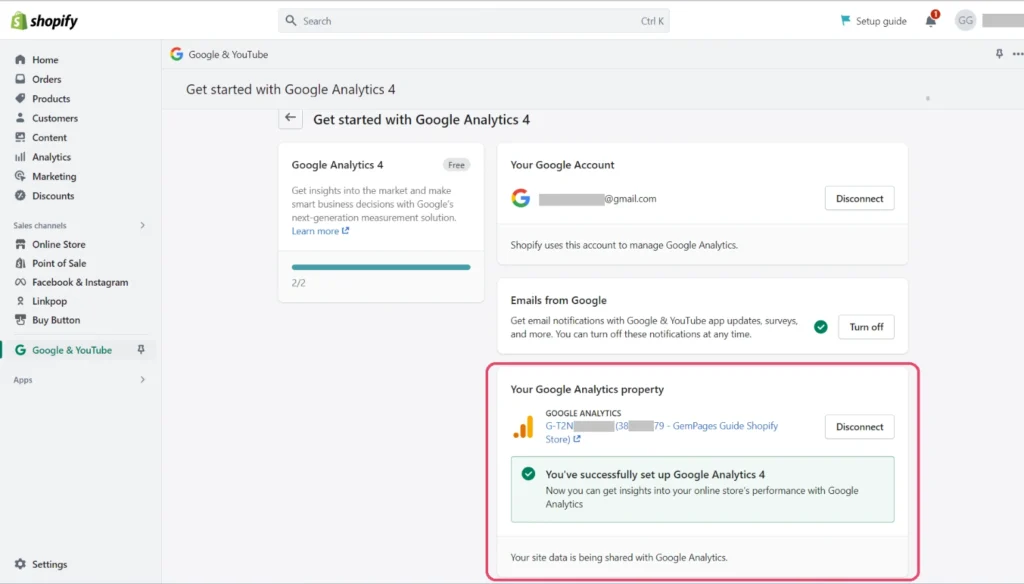 Set up Google Analytics for Shopify in App Setup