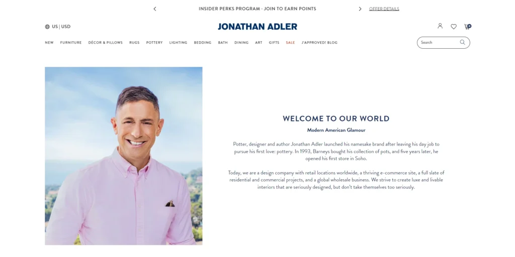 A screen capture of Jonathan Adler’s About Us page.