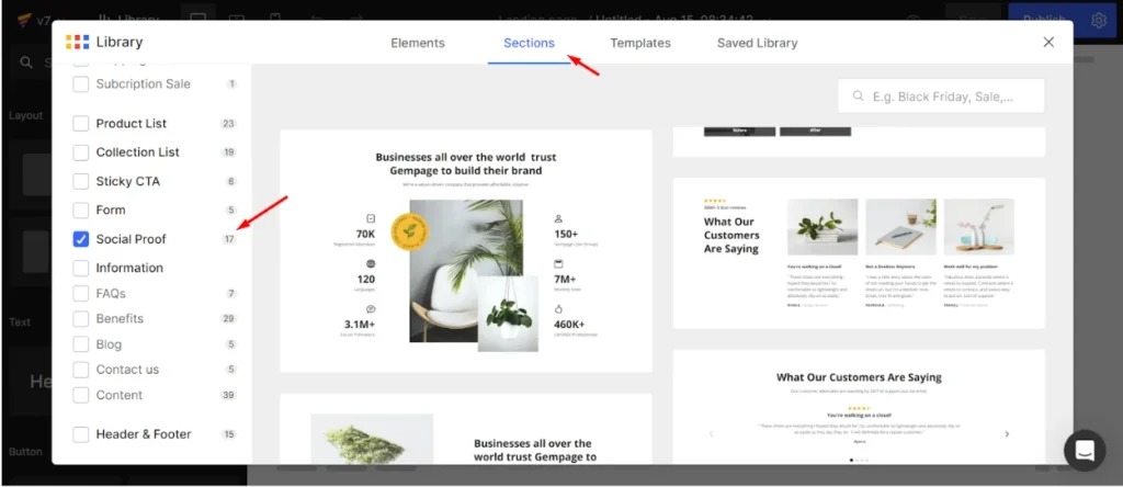 Adding social proof to a section in GemPages v7.