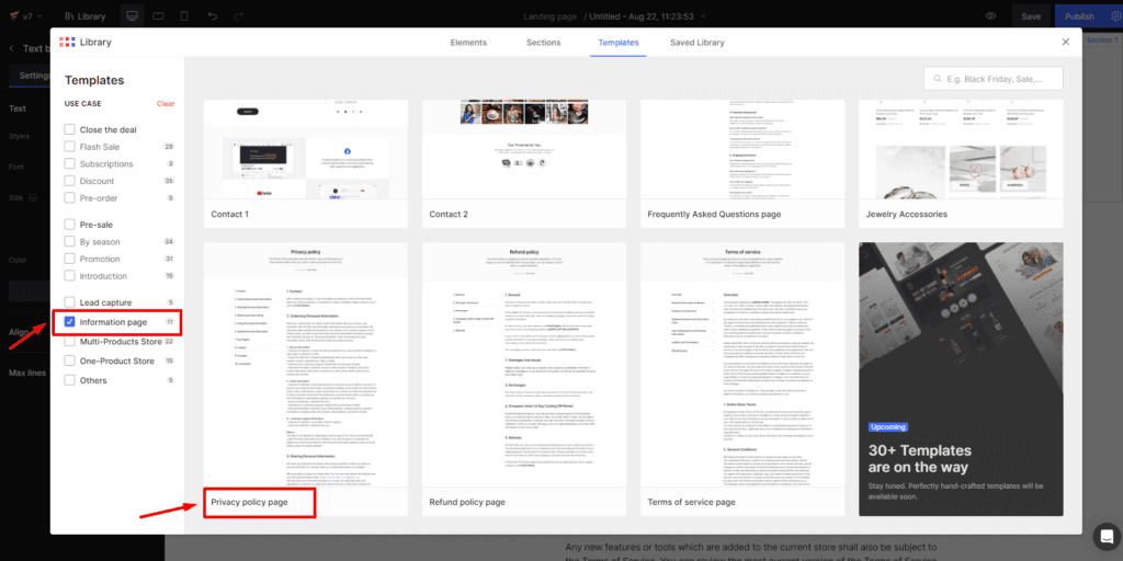 Create Privacy Policy page by using a premade template in the GemPages v7 library.