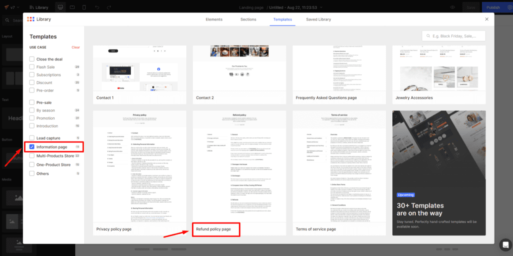 In order to create the Refund Policy page, follow the exact steps you utilized for creating the Terms and Conditions page and Privacy Policy pages. Option 1: Use Image-to-Layout Choose landing page from link or image > Use Image-to-layout feature to generate an editable layout > Customize your page. Option 2: Choose pre-made templates in the GemPages library. Choose landing page from link or image > Select a Refund Policy page template in the Library > Add to page and start customizing your page.