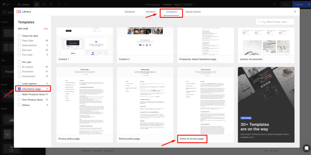 Choose a Terms and Conditions page template in the GemPages v7 library.