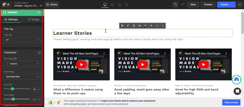 GemPages v6 advanced settings.