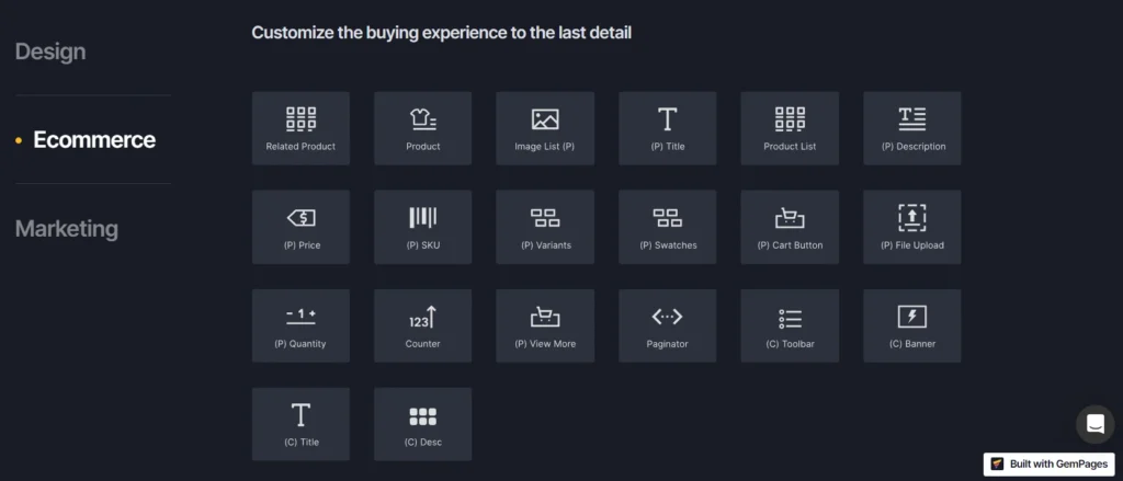 Ecommerce element list on GemPages.