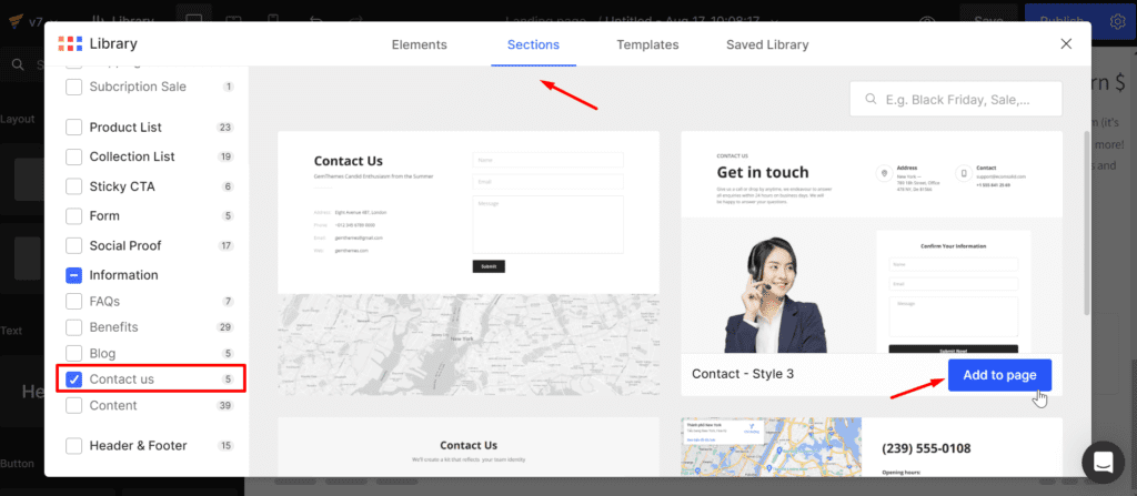Add to page a contact us section on GemPages v7.