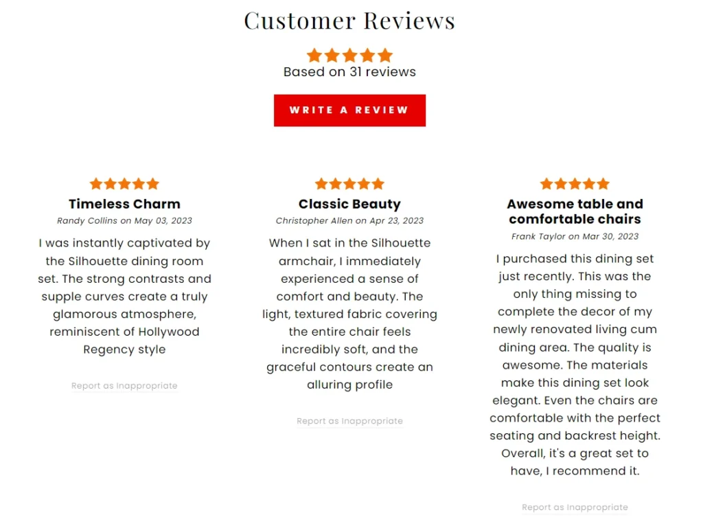 It is important to integrate customer feedback to product detailed pages. An example from Jenniferfurniture.com.