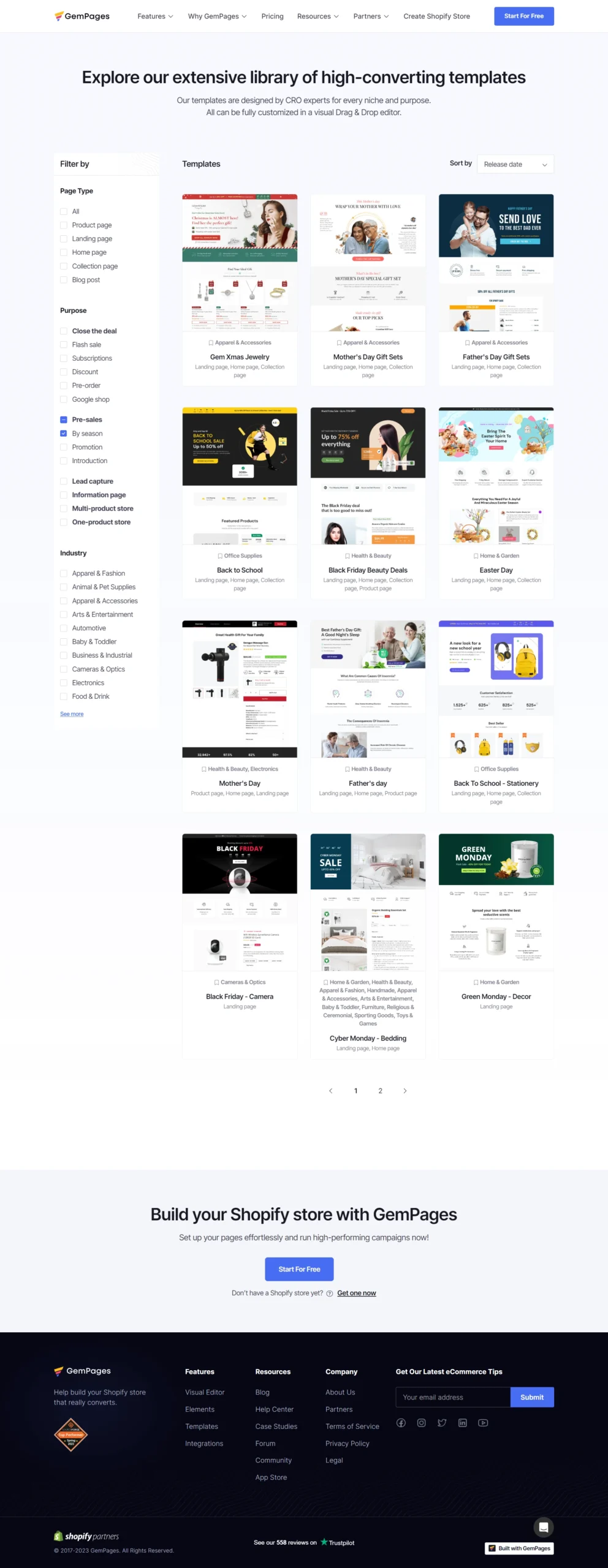 A screen capture of GemPages’ templates page.