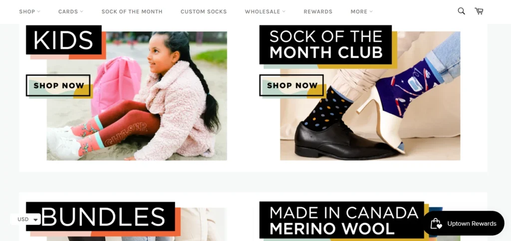 The website design of Uptown Sox.