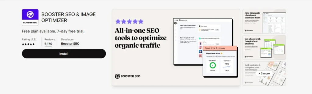 Screenshot of BOOSTER SEO & IMAGE OPTIMIZER on the Shopify app store.