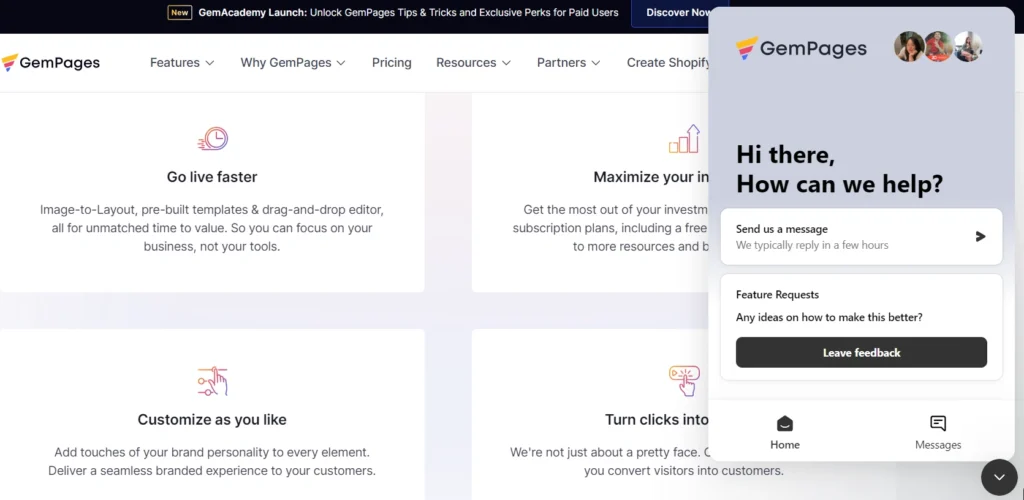 A screenshot of GemPages’ customer support.