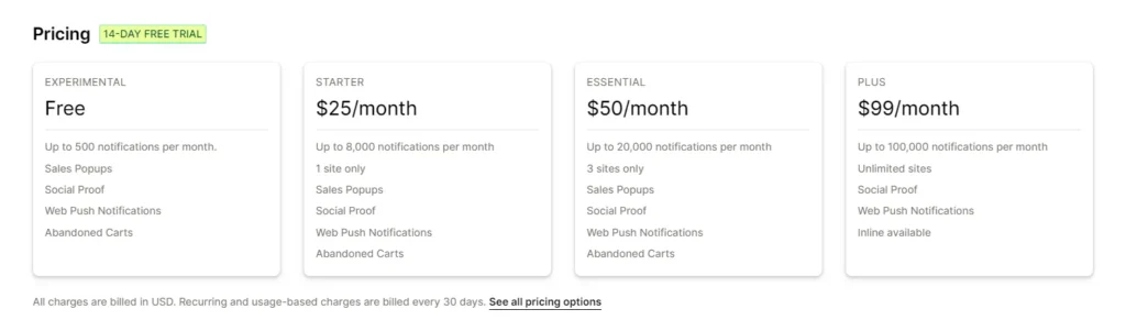 Screenshot of Fomo pricing.