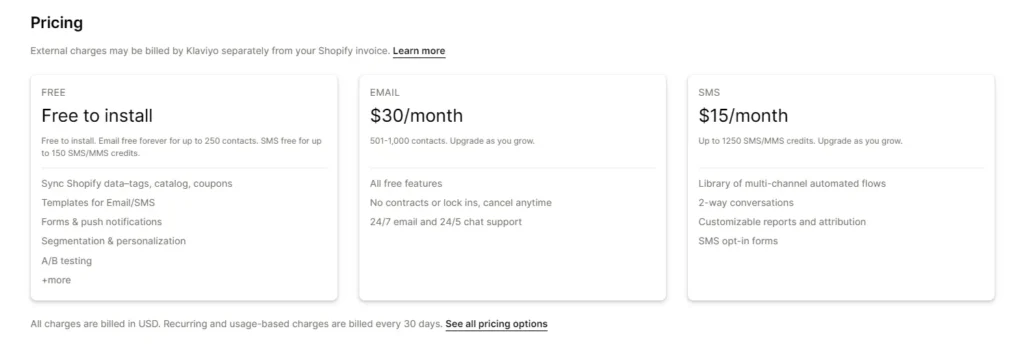 Screenshot of Klaviyo pricing.