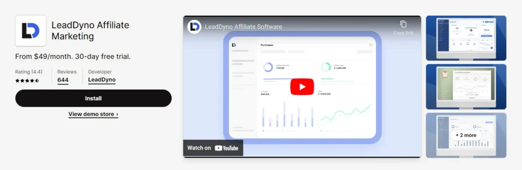 Screenshot of LeadDyno on the Shopify app store.