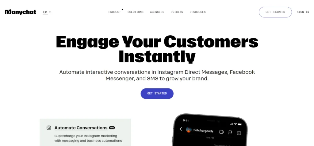 Screenshot of the Manychat website.