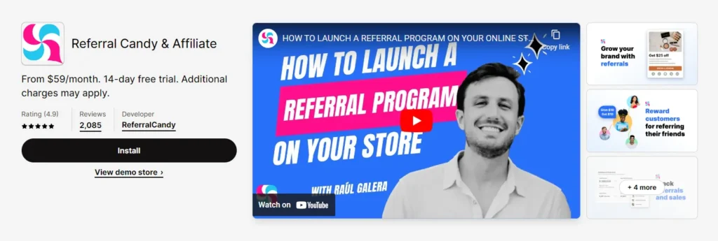 Screenshot of Referral Candy on the Shopify app store.