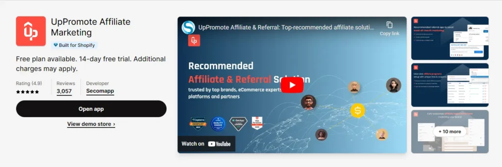 Screenshot of UpPromote on the Shopify app store.