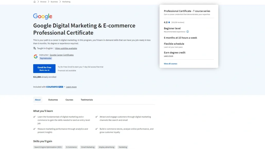 google digital marketing and ecommerce course screenshot