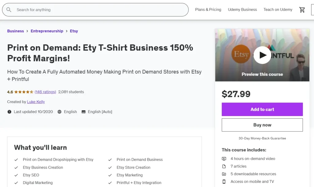 Learning Etsy T-shirt business on Udemy